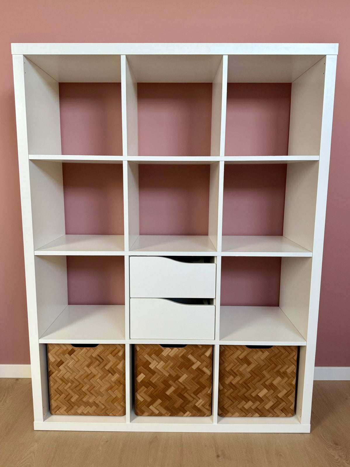 Kallax Kast met lades en bamboe dozen, Ophalen, 100 tot 150 cm, 100 tot 150 cm, Scandinavisch