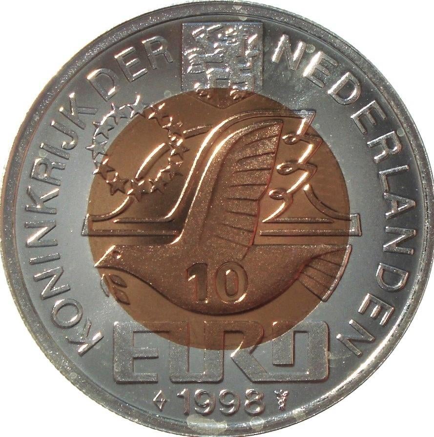 Nederland 10 euro 1998 (bi-metaal; zilveren ring, FDC), Postzegels en Munten, Ophalen of Verzenden, Zilver, Nederland