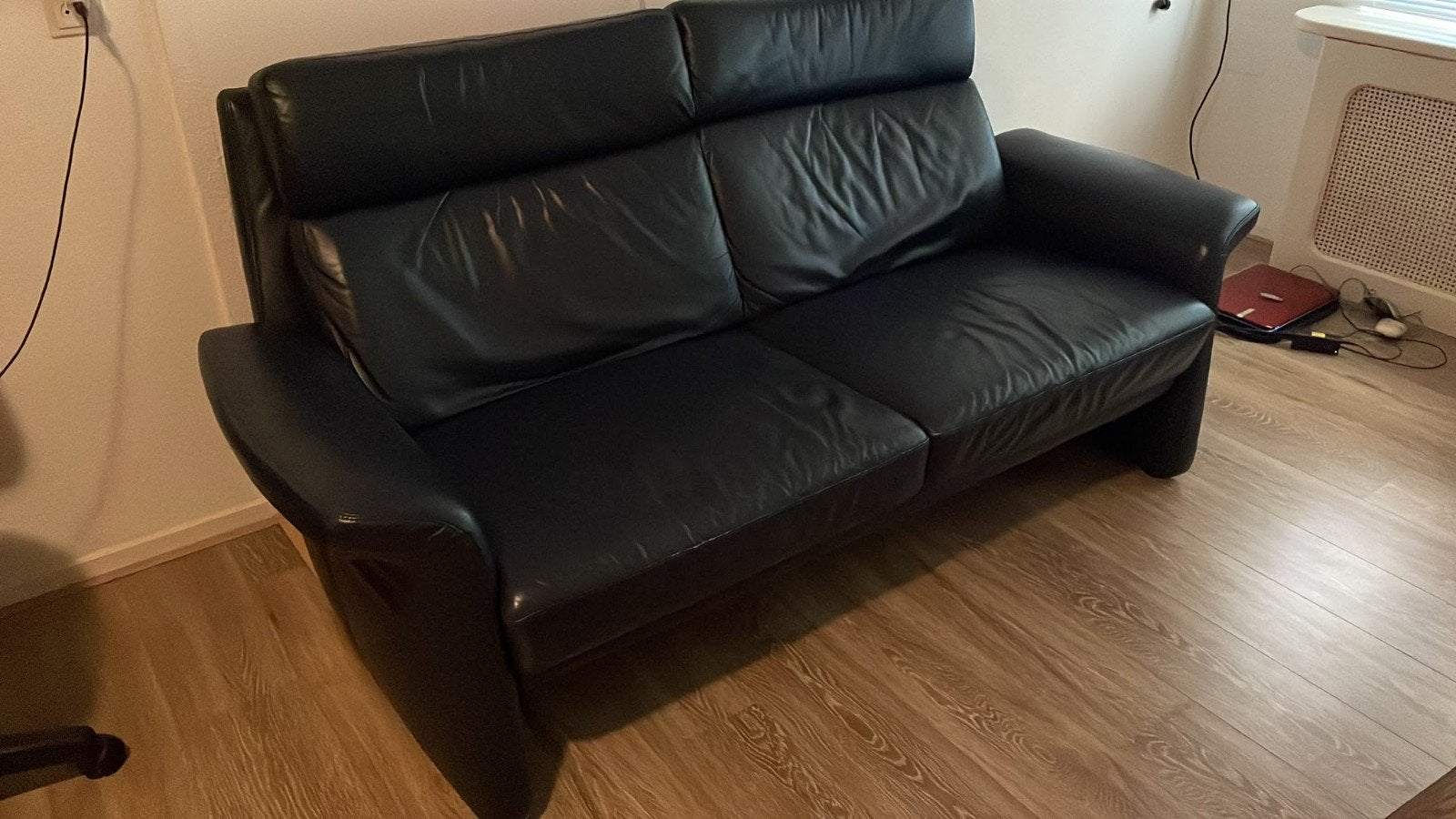 Donkerblauwe lederen bank - 197x85 cm, Ophalen, Gebruikt, 150 tot 200 cm, Driepersoons