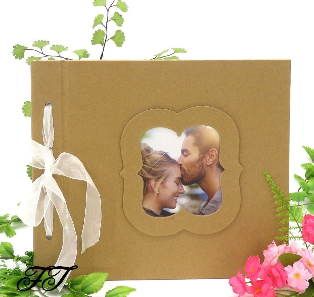 Gastenboek met bruine kraftpapier en met fotolijst., Ophalen of Verzenden, Nieuw, Feestartikel, Geboorte of Huwelijk