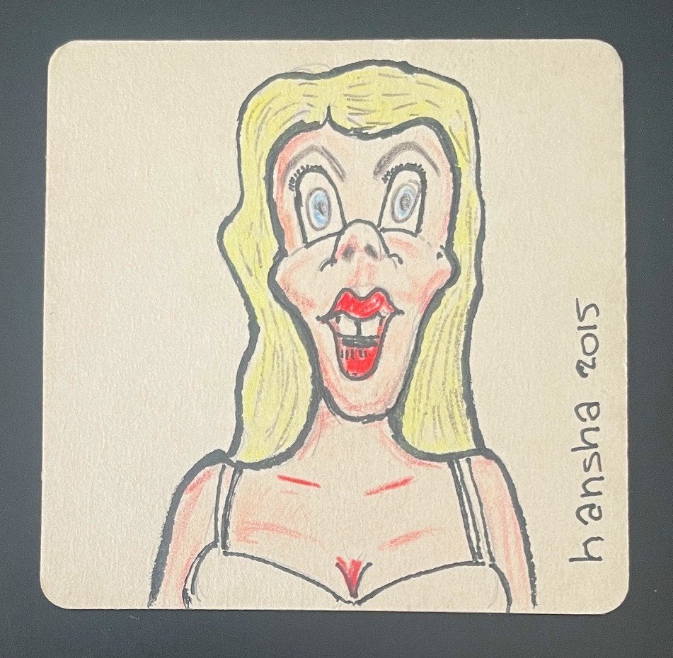 Hansha (Hans Harleman) - tekening op bierviltje - 2015, Antiek en Kunst, Kunst | Tekeningen en Foto's, Verzenden, Tekening, Pentekening