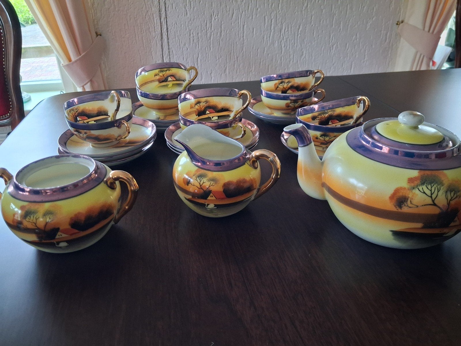 Vintage Chinees Theeservies met Landschapdecor, Ophalen of Verzenden