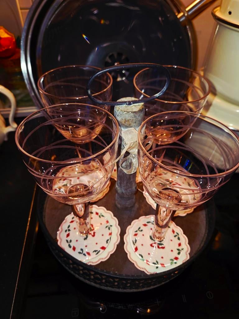 Mooie Roze Kristallen Wijnglazen Set, Antiek en Kunst, Antiek | Glas en Kristal, Ophalen of Verzenden