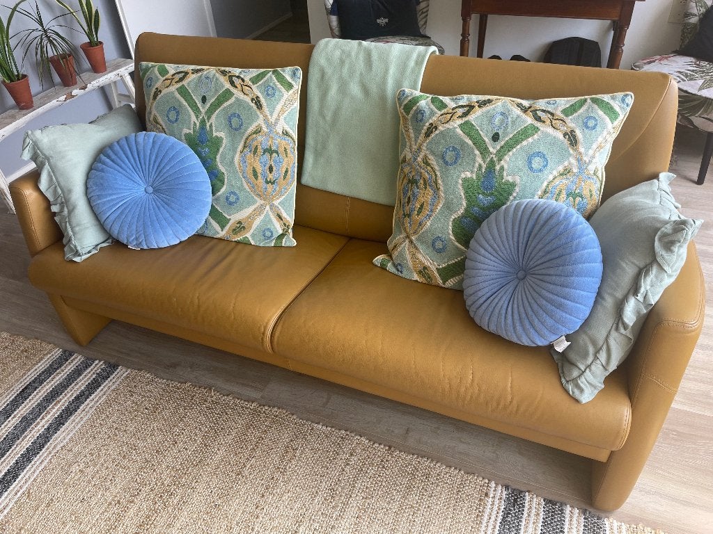 Gele leren bank, Ophalen, Minder dan 75 cm, 150 tot 200 cm, Tweepersoons