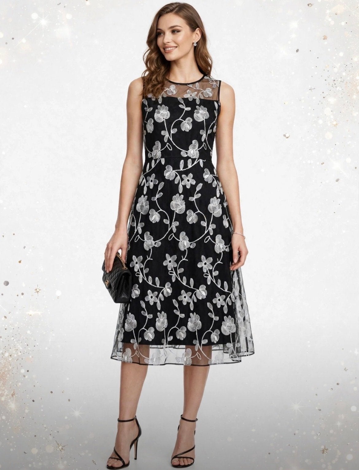 DKNY Zwarte Jurk met Geborduurde Bloemen, Kleding | Dames, Verzenden, Zwart, Zo goed als nieuw, Knielengte