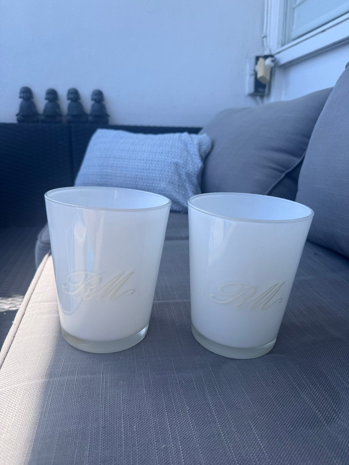 Riviera maison  2 Witte Glazen Windlichten, Ophalen of Verzenden, Zo goed als nieuw, Wit, Glas