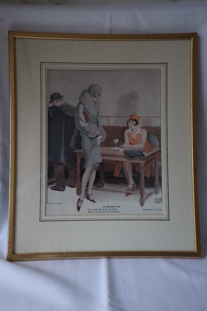 Vintage color litho Georges Leonnec (1881-1940), Met glas, Ophalen of Verzenden, Portret en Figuren, Lithografie