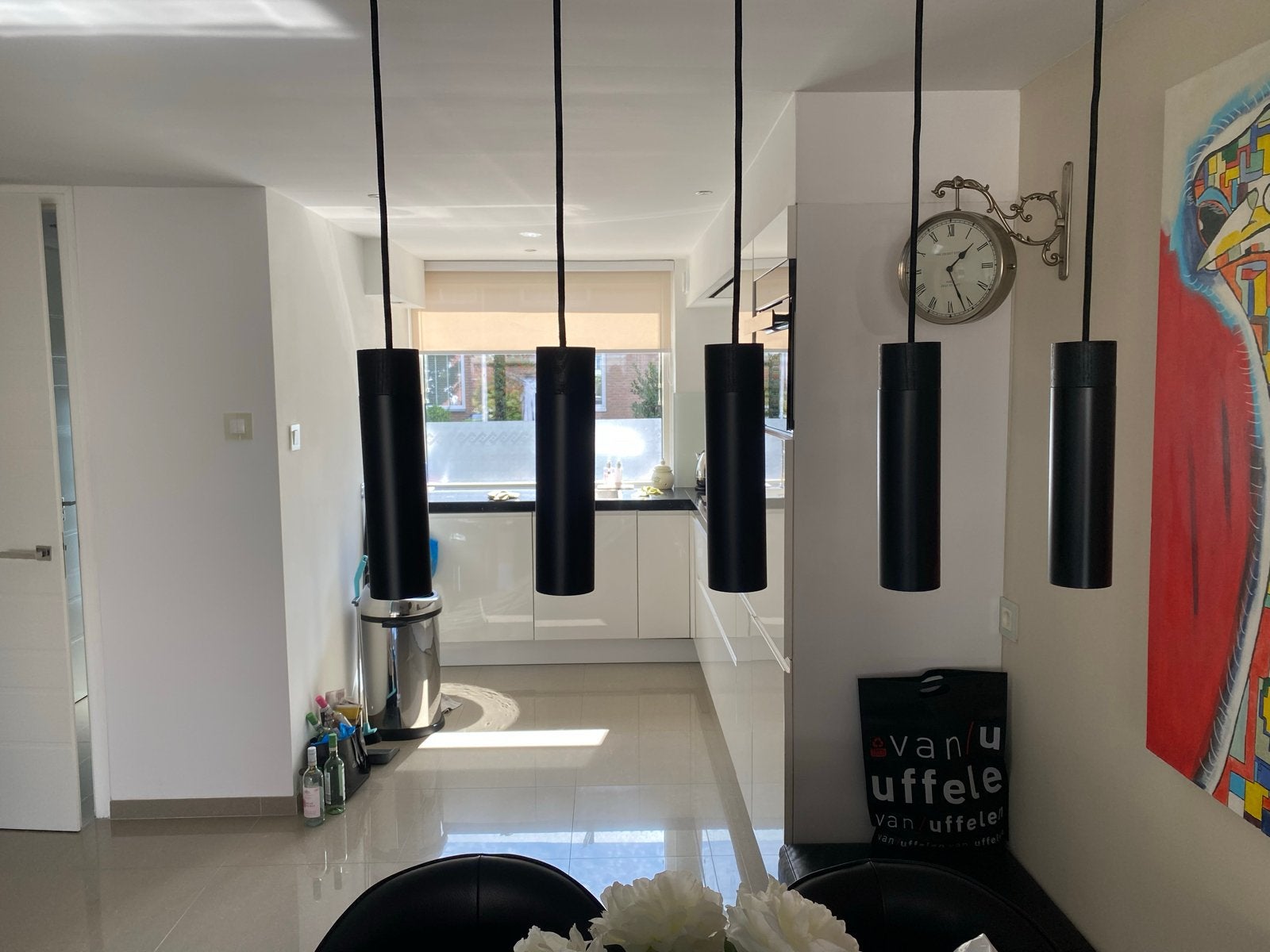 Moderne Zwarte Hanglamp met 5 Cilindervormige Spots, Ophalen, Zo goed als nieuw, Hout, Overige fittingen