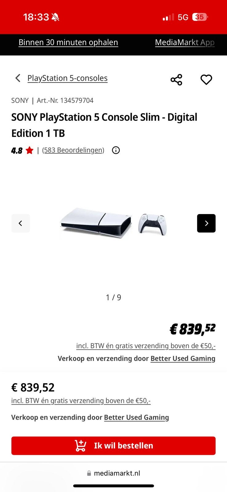 Playstation 5 slim digital edition, Spelcomputers en Games, Ophalen, Zo goed als nieuw