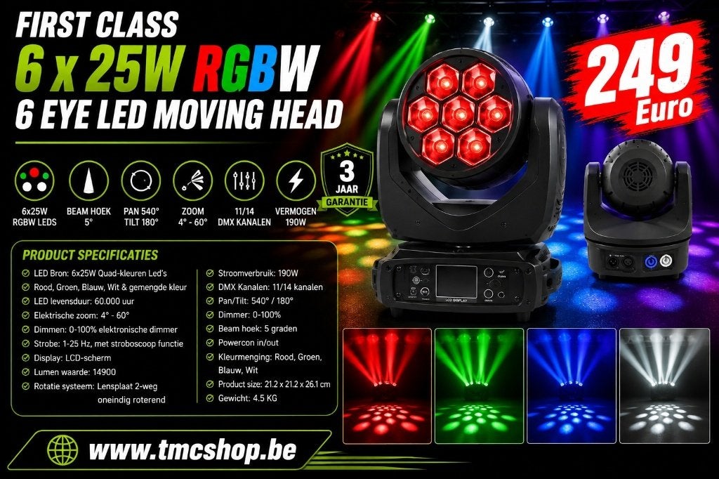 Nieuwe First Class 6 x 25W RGBW 6 Eye Led Moving Head, Ophalen of Verzenden, Nieuw, Licht, Geluidgestuurd