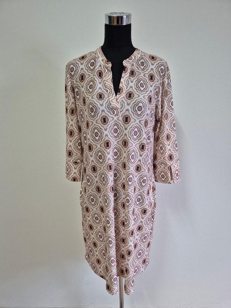 J445 - Angelle Milan jurk beige met zwart en wit, maat XL, Beige, Maat 46/48 (XL) of groter, Ophalen of Verzenden, Zo goed als nieuw