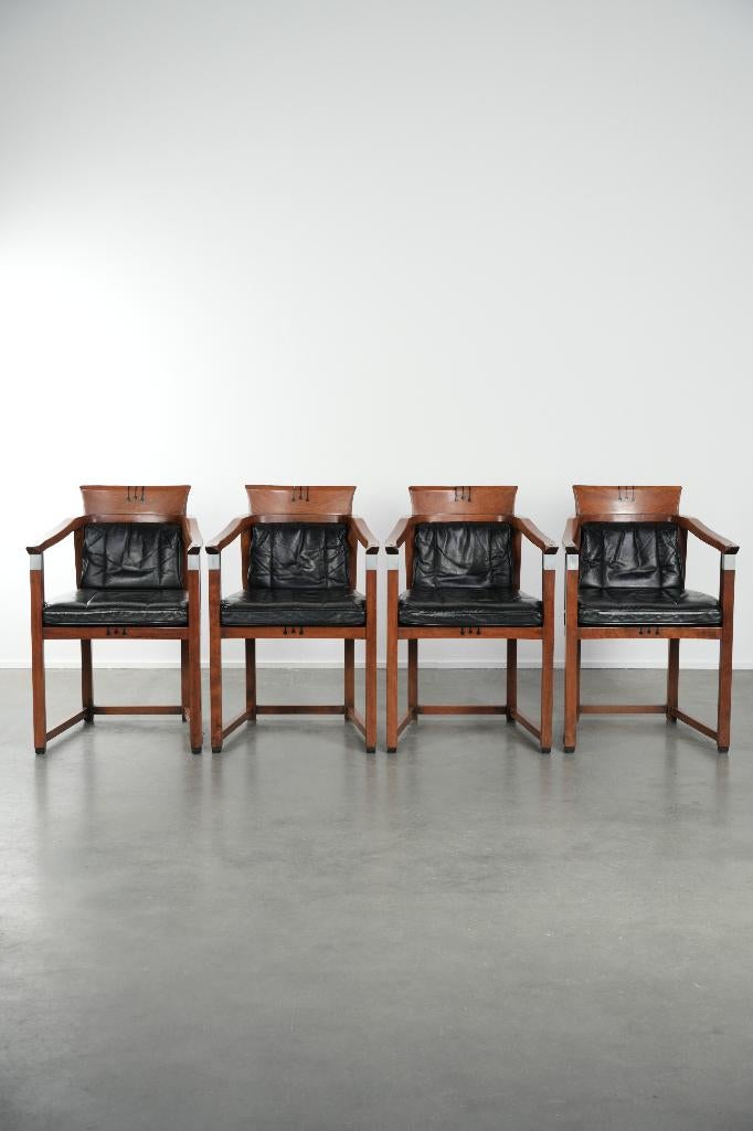 4 Art Deco design eetkamerstoelen van Schuitema, Huis en Inrichting, Stoelen, Gebruikt, Vijf, Zes of meer stoelen, Hout, Leer