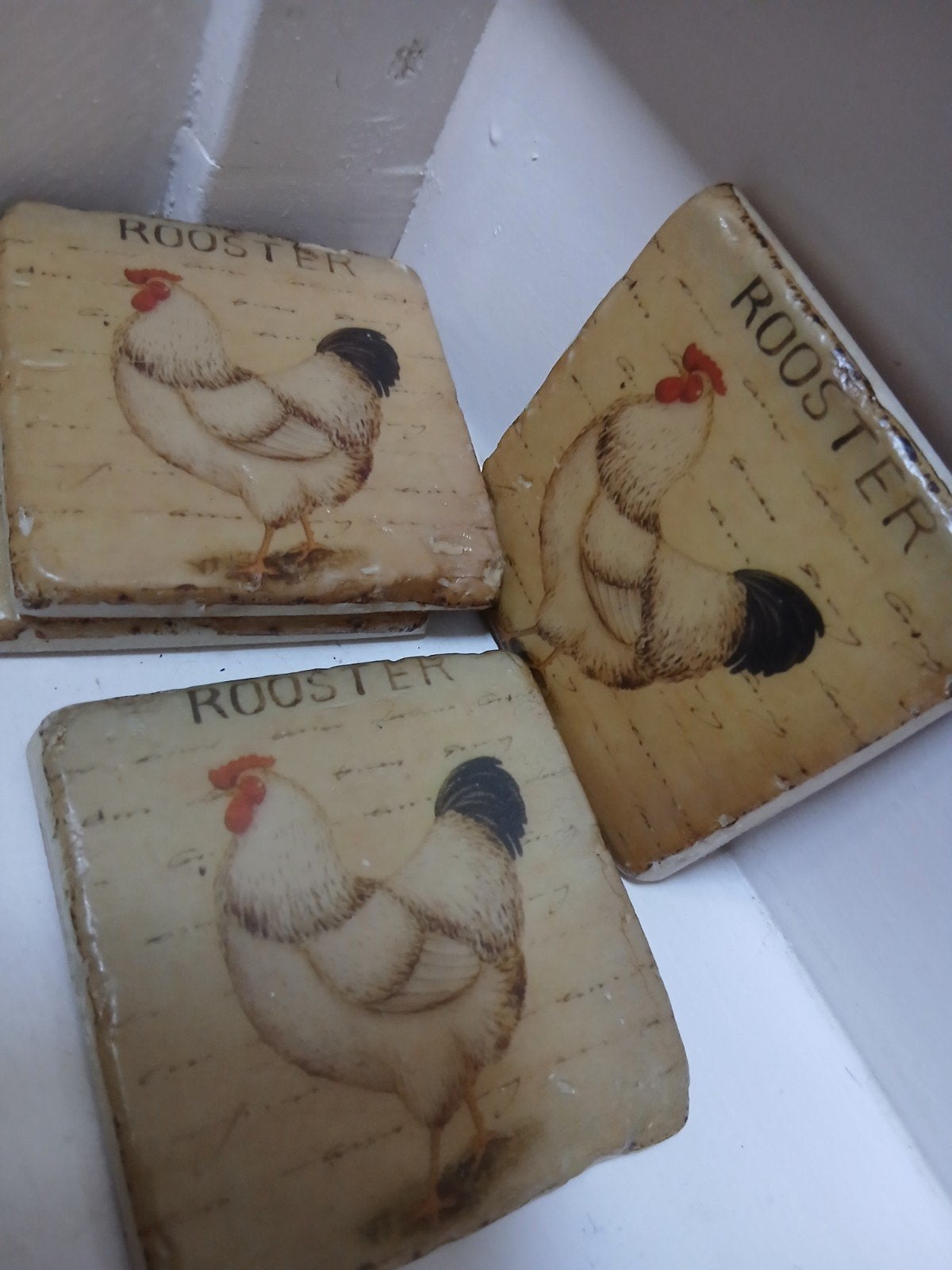 set van 4 Onderzetters met haanprint - 10x10 cm, Gebruikt, Meerkleurig, Ophalen of Verzenden, Landelijk