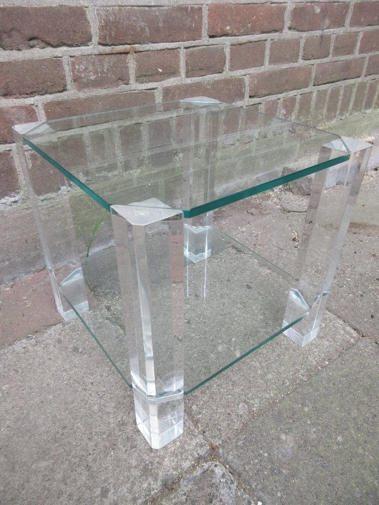 Klein tafeltje van glas met plexiglas poten bijzettafel, Ophalen, Minder dan 45 cm, Minder dan 55 cm, Gebruikt
