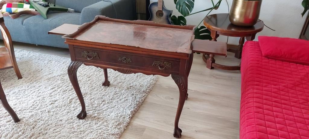 Antiek serveertafeltje met lade en uitschuifbare plateaus, Ophalen of Verzenden