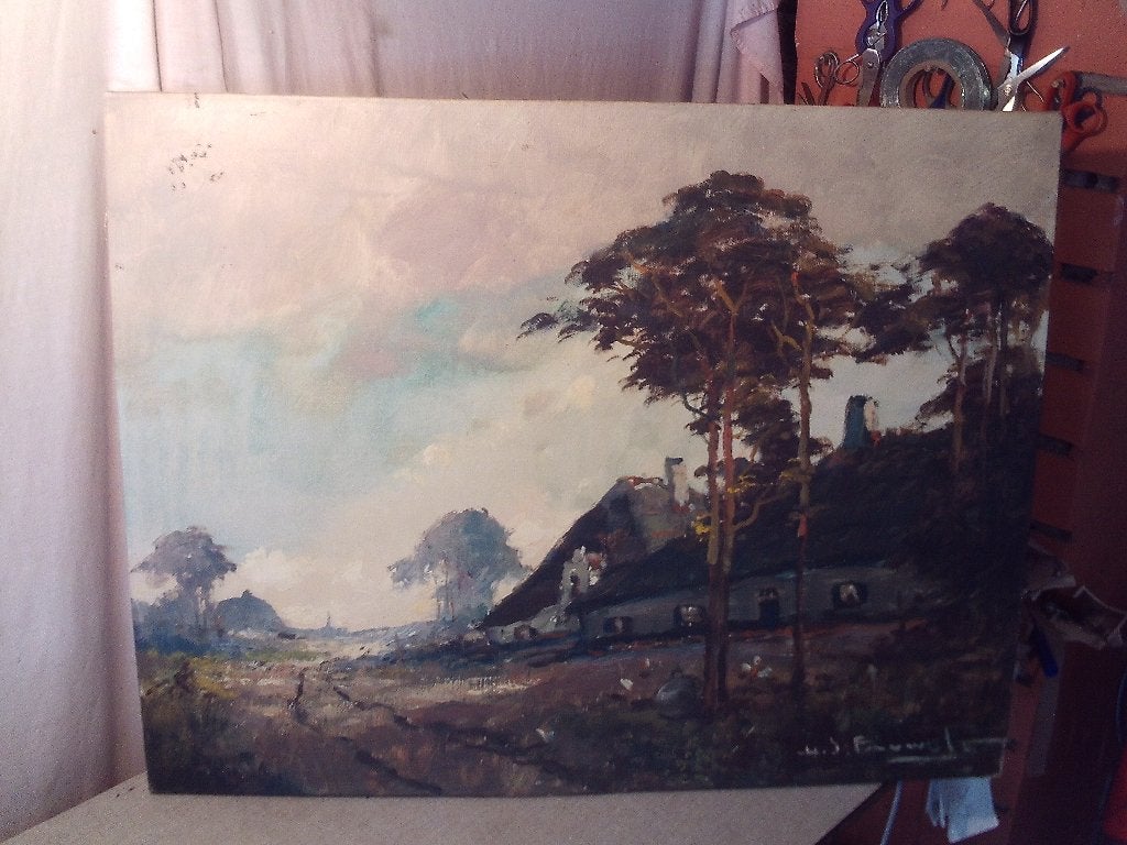 Prachtig geschilderd Werk 'Boerderij en Bomen' - HJ Pauwels, Antiek en Kunst, Ophalen of Verzenden