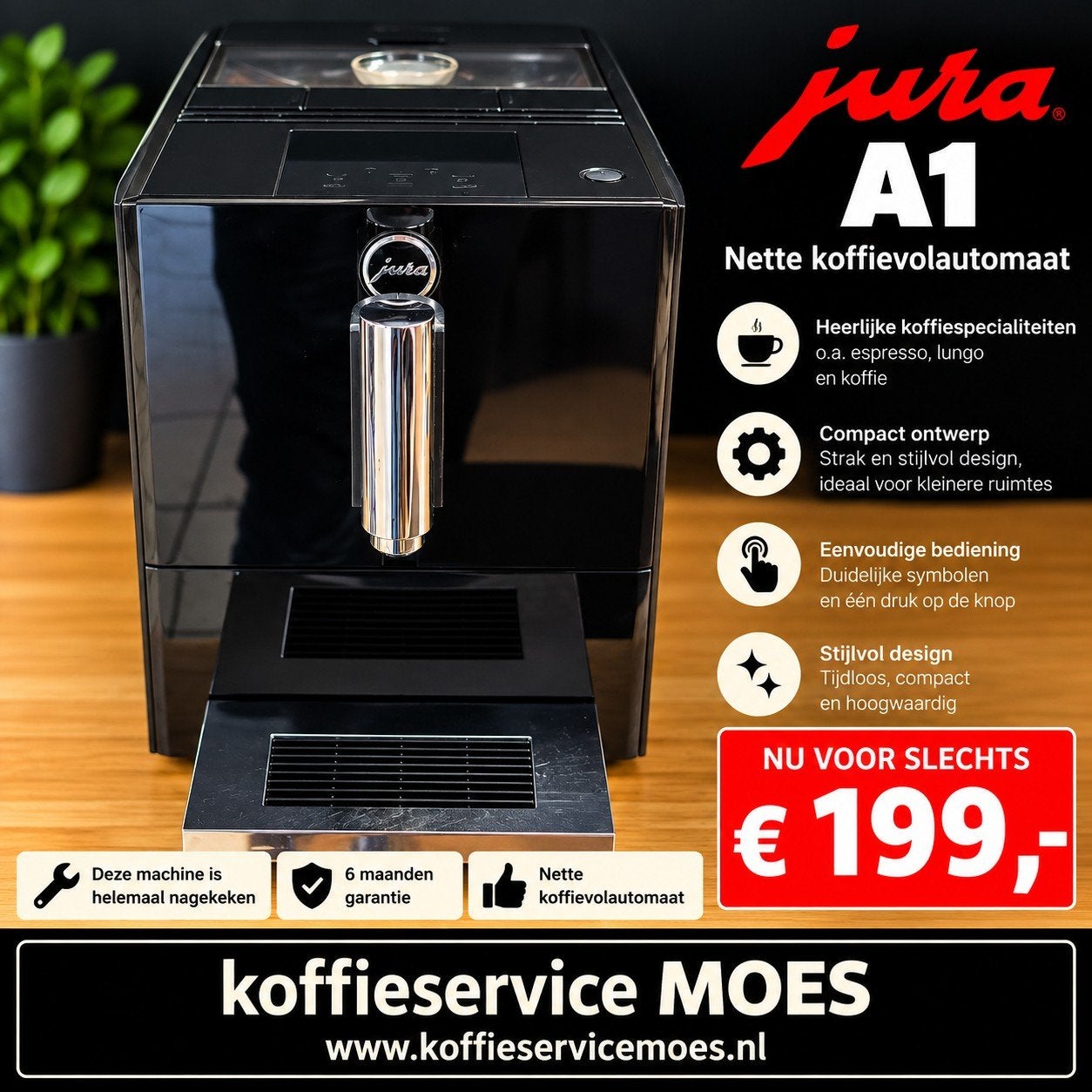 Jura A1 gebruikt gereviseerd, Afneembaar waterreservoir, 10 kopjes of meer, Koffiemachine, Refurbished