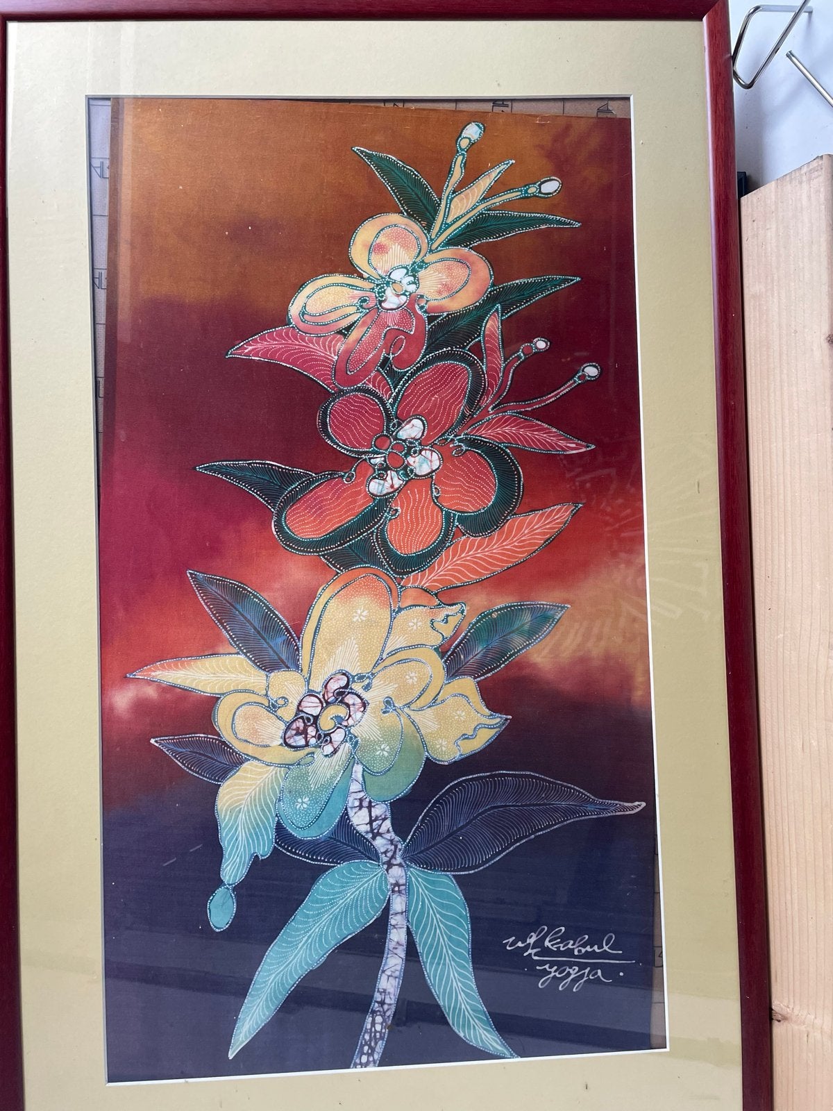 Ingelijst Batik Schilderij - Bloemenpatroon, Ophalen, Indonesië, Meerkleurig, Geschilderd