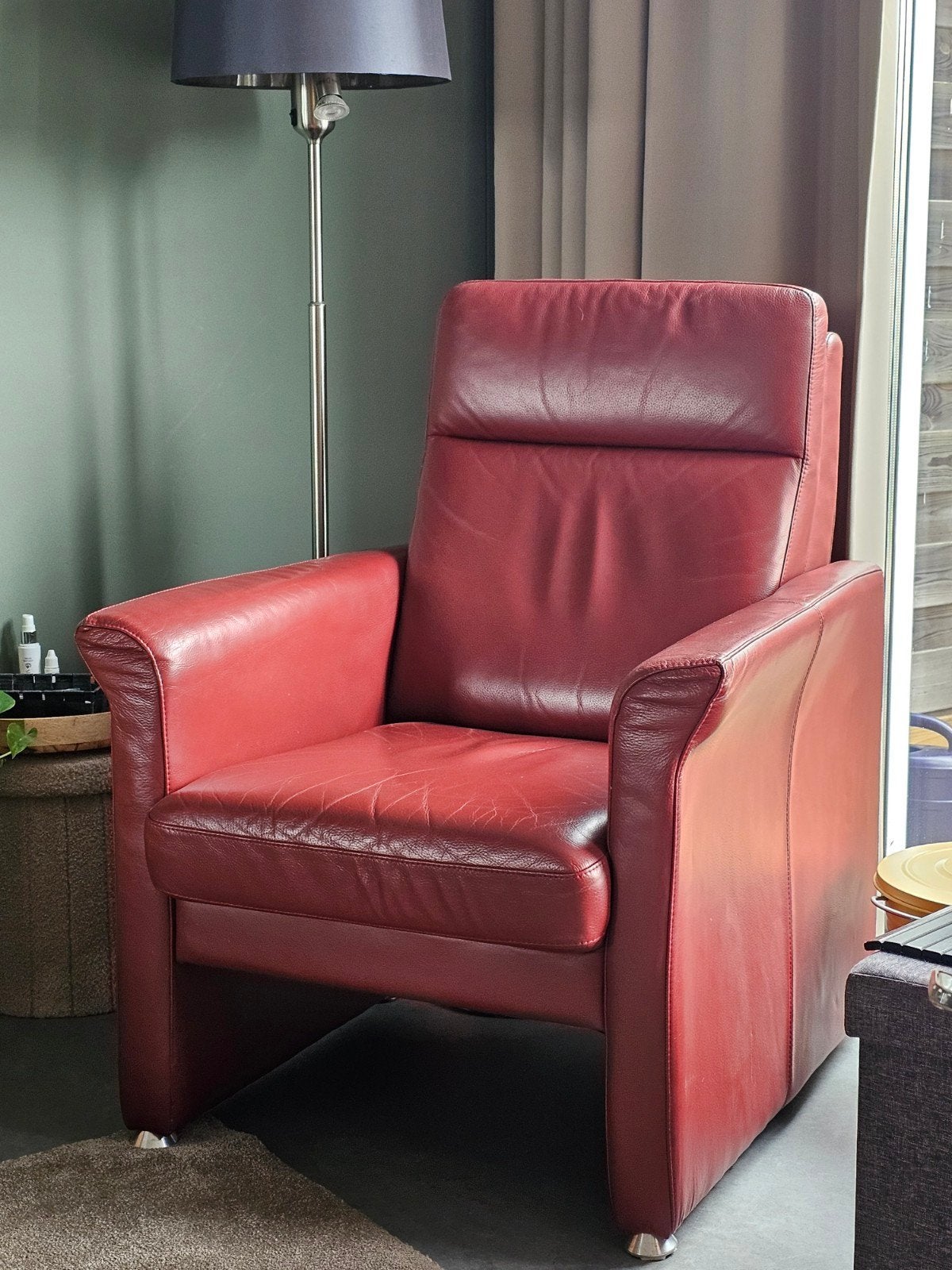Rood/bruine leren fauteuil - Comfortabel en stijlvol, Huis en Inrichting, Ophalen, Gebruikt, 75 tot 100 cm, Leer