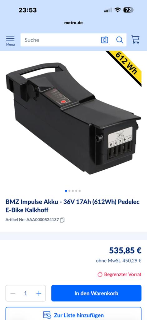 E-Bike Kalkhoff  inpuls-Akku. 36v 17AH (612wh) pedelec nieuw, Ophalen of Verzenden, Nieuw, Overige merken
