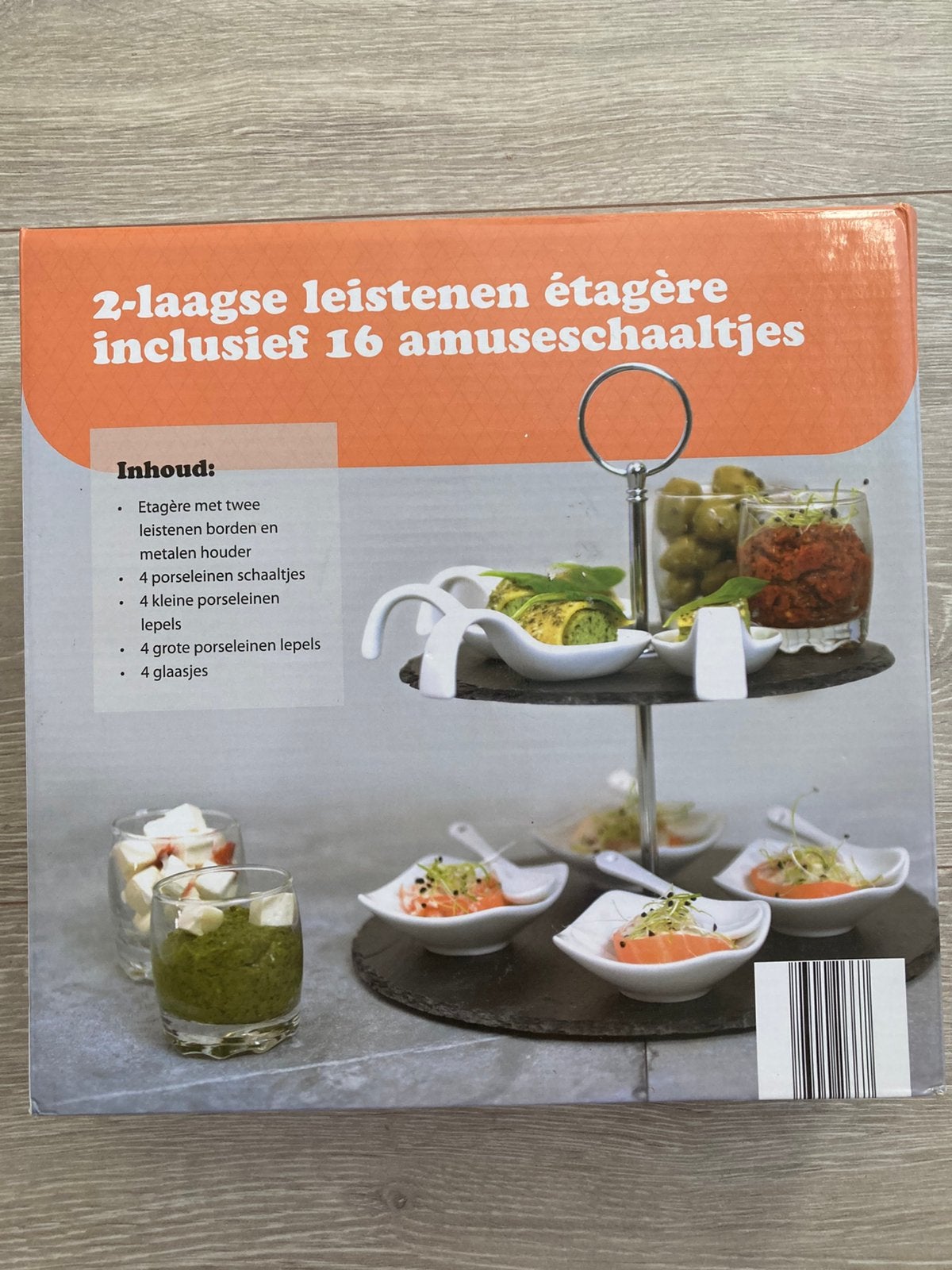 Nieuw, 2 laags Leistenen Etagere, incl. 16 amuse schaaltjes., Ophalen of Verzenden, Zo goed als nieuw