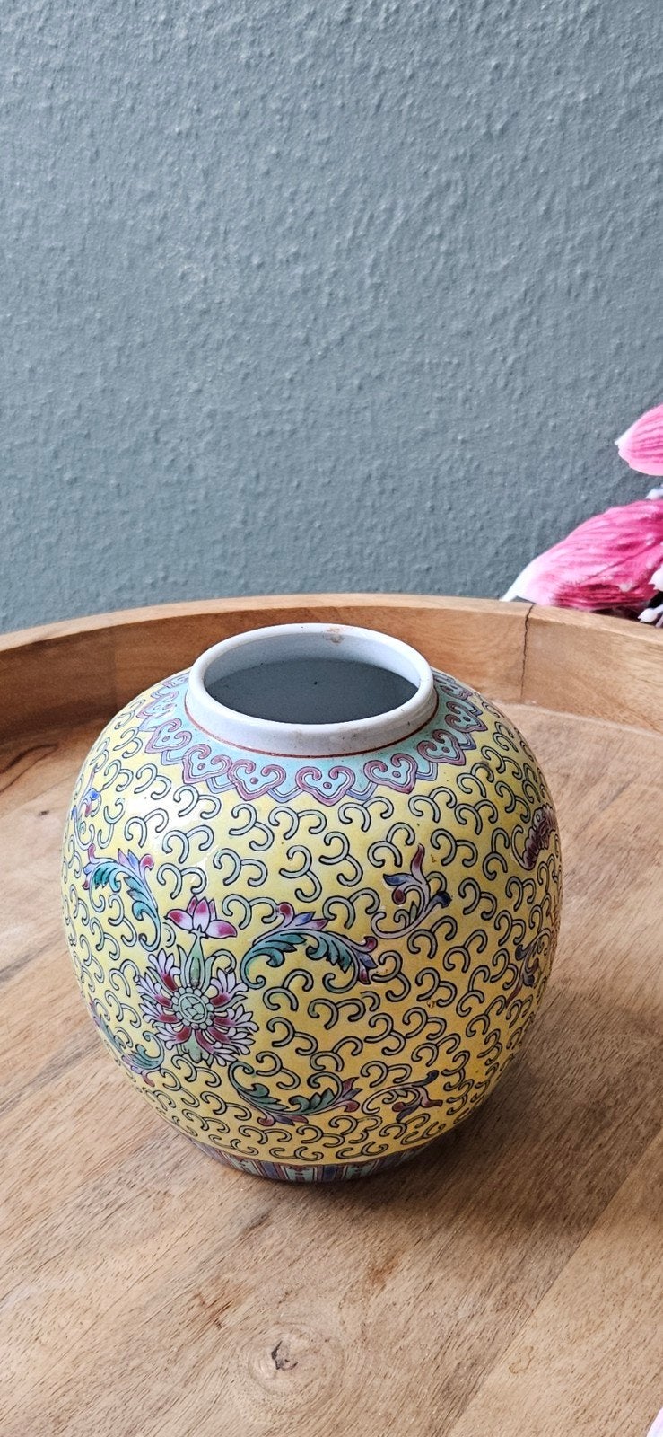 Vintage Chinese gemberpot geel met bloemmotief, Ophalen of Verzenden