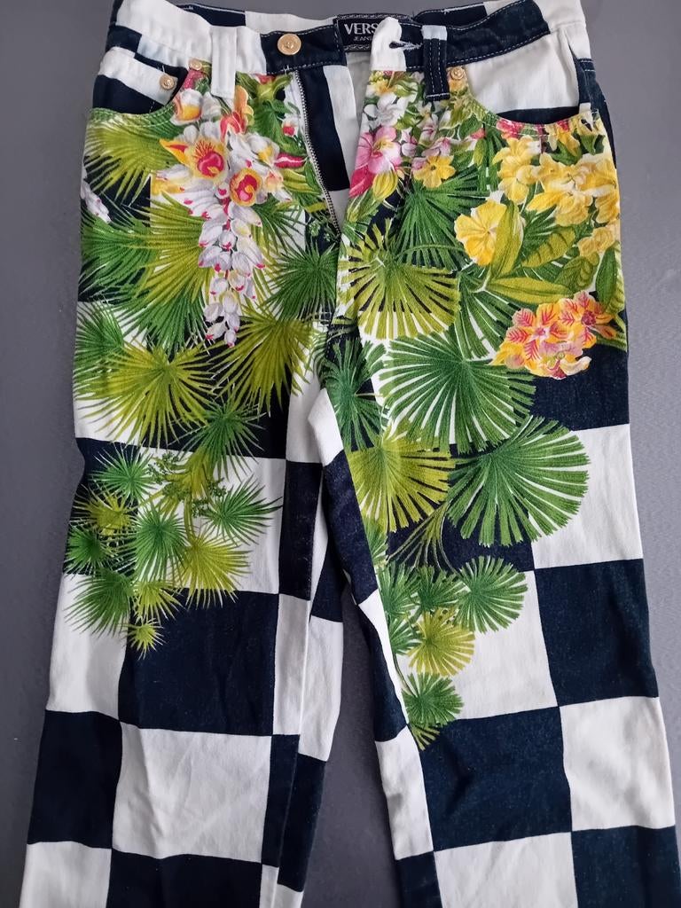 Versace Jeans Couture Geruite Bloemenprint Jeans, Kleding | Dames, Broeken en Pantalons, Zo goed als nieuw, Maat 38/40 (M), Zwart