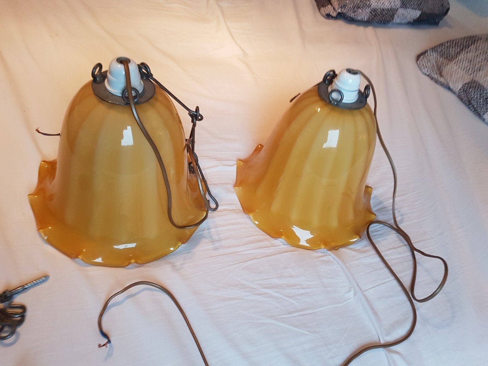 Vintage amber geel glazen lampen (2stuks), Ophalen, E27 (groot), Vintage jaren 50/60, Glas