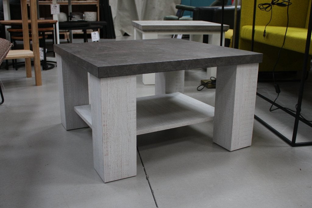 Vierkante salontafel + bijzettafel hout melamine wit grijs, Ophalen, Zo goed als nieuw