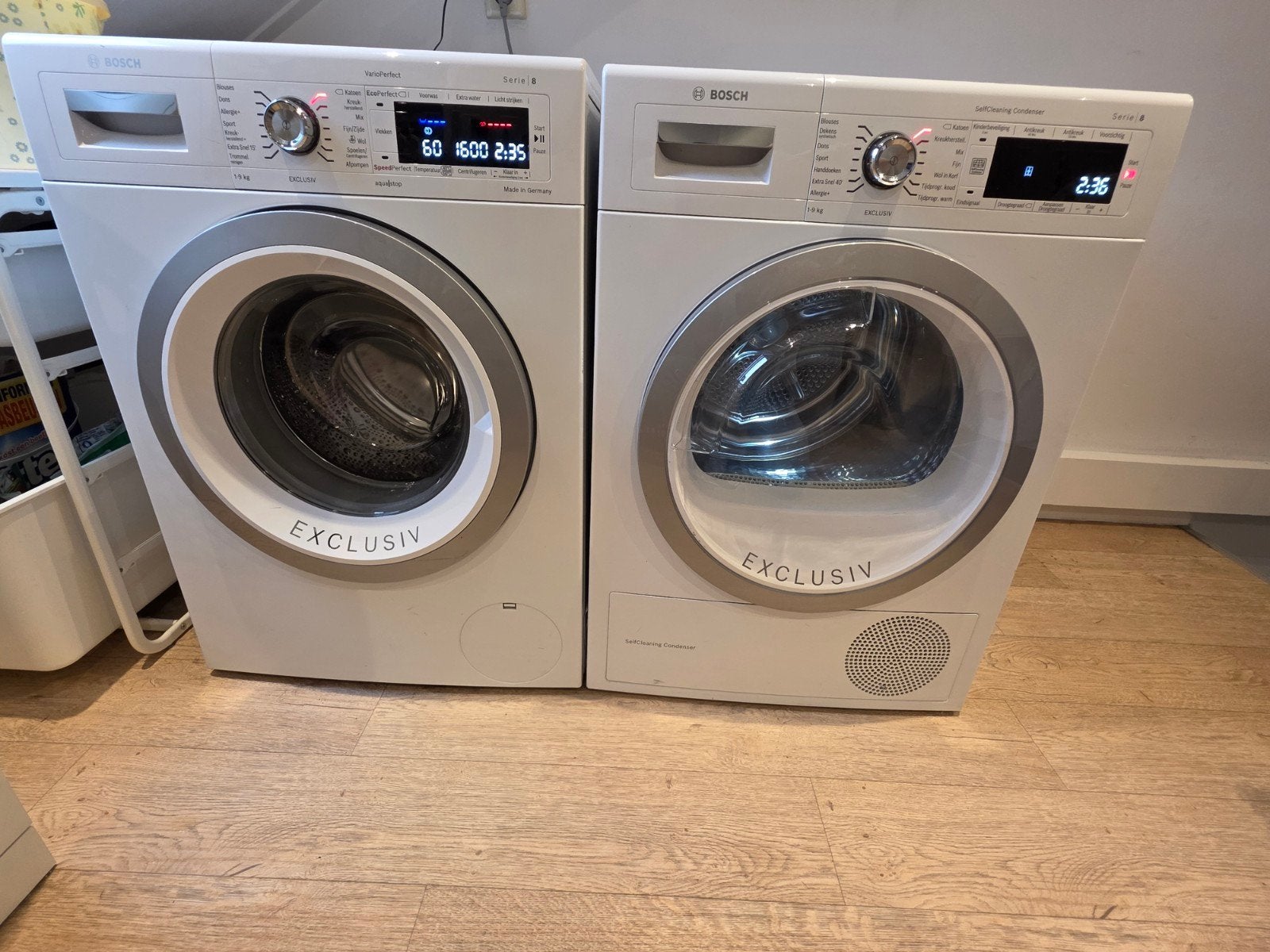 Te Koop voor 200 euro Bosch Wasmachine en warmtepompdroger, Gebruikt, 8 tot 10 kg, 1600 toeren of meer, Voorlader