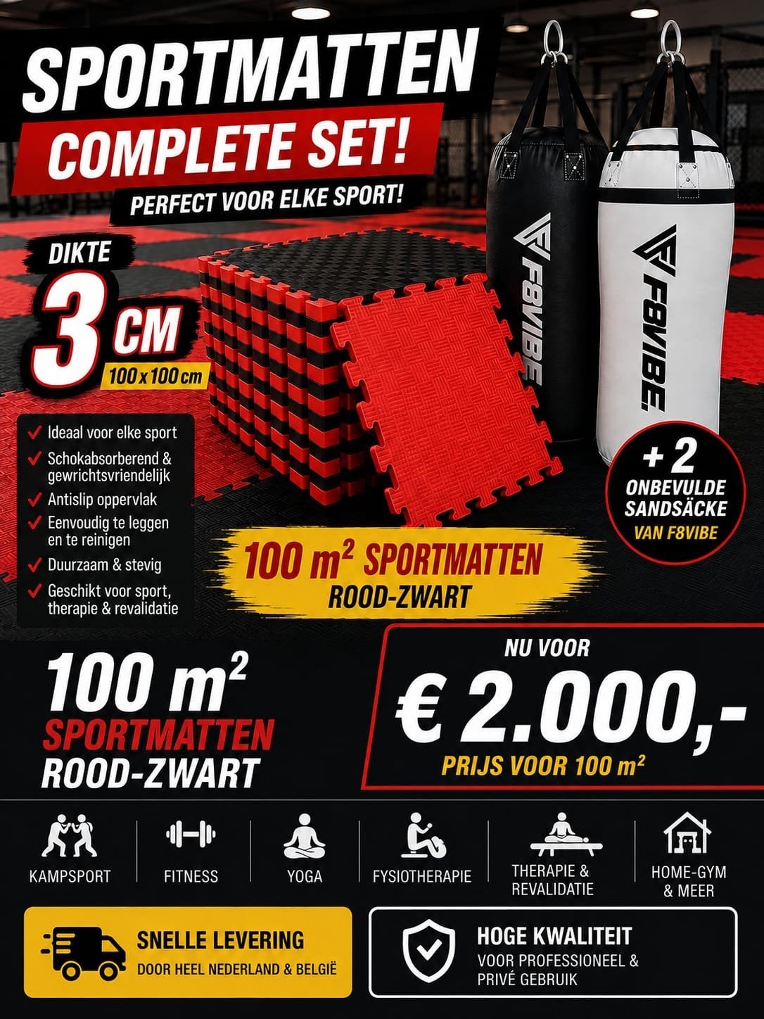 100m²x3cm sportmatten vechtsporten MMA + 2  x F8Vibe zandzak, Sport en Fitness, Vechtsporten en Zelfverdediging, Maat XL, Ophalen of Verzenden