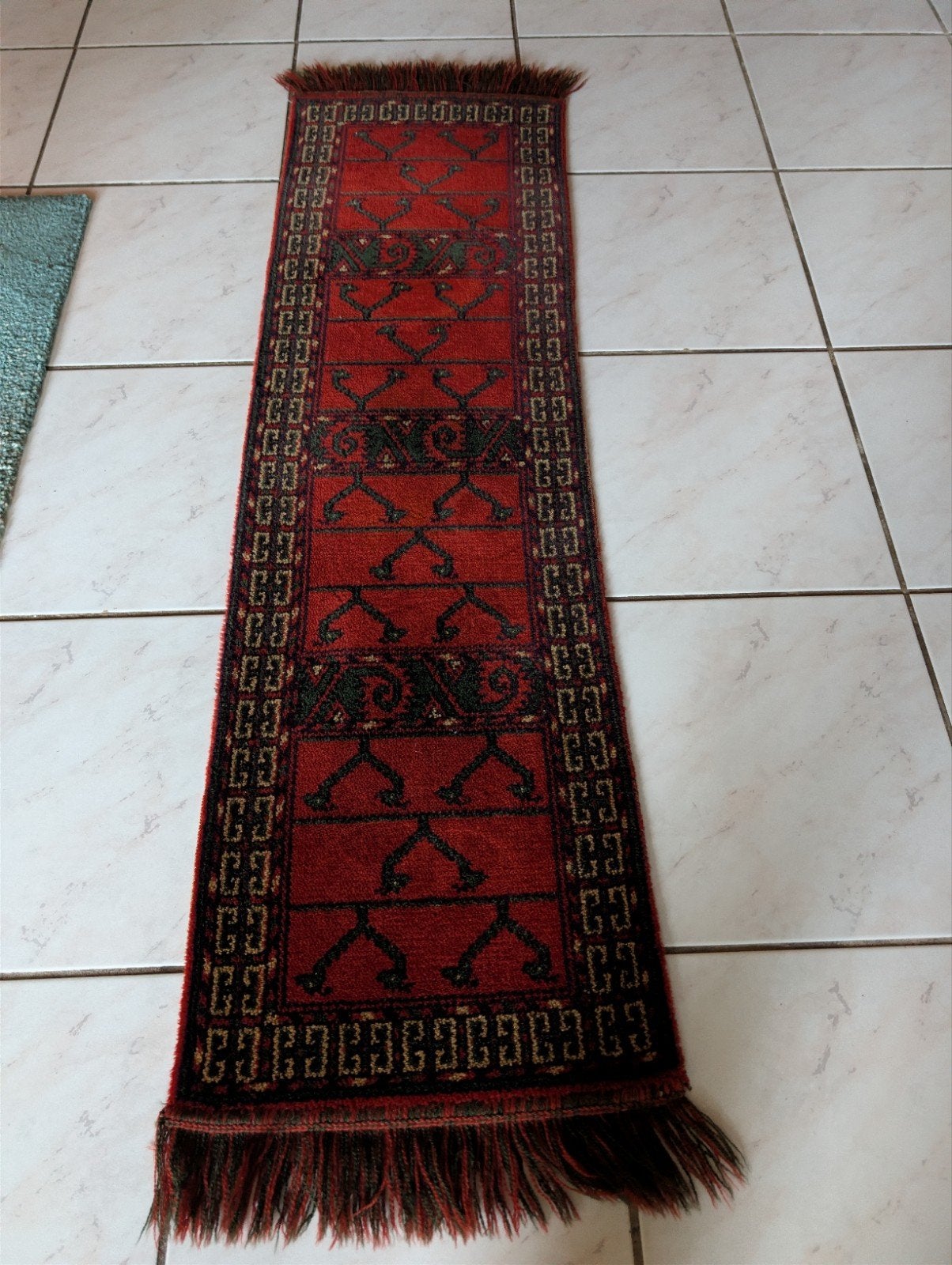Rode loper met traditioneel patroon, Minder dan 50 cm, Gebruikt, Rood, 100 tot 150 cm