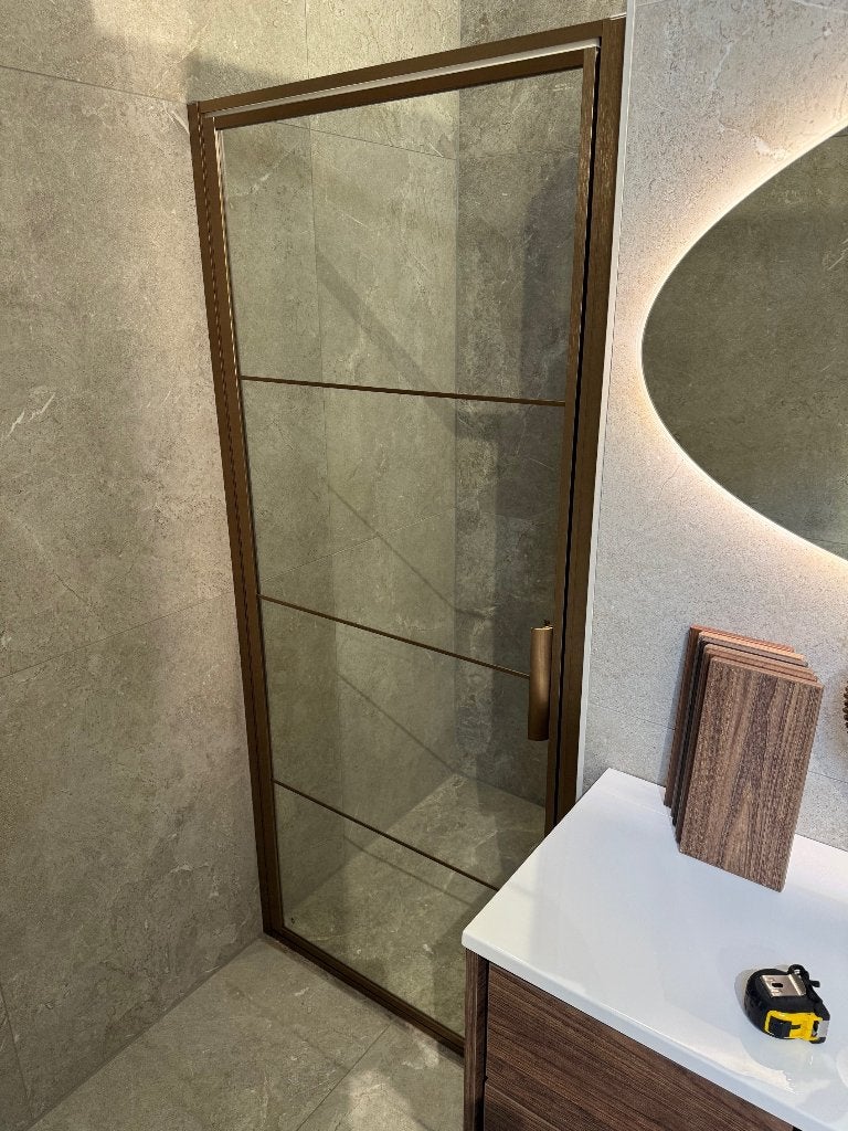 Showroom Douchedeur Koperkleur Beslag 89x200cm, Ophalen, Zo goed als nieuw, Glas, Douche