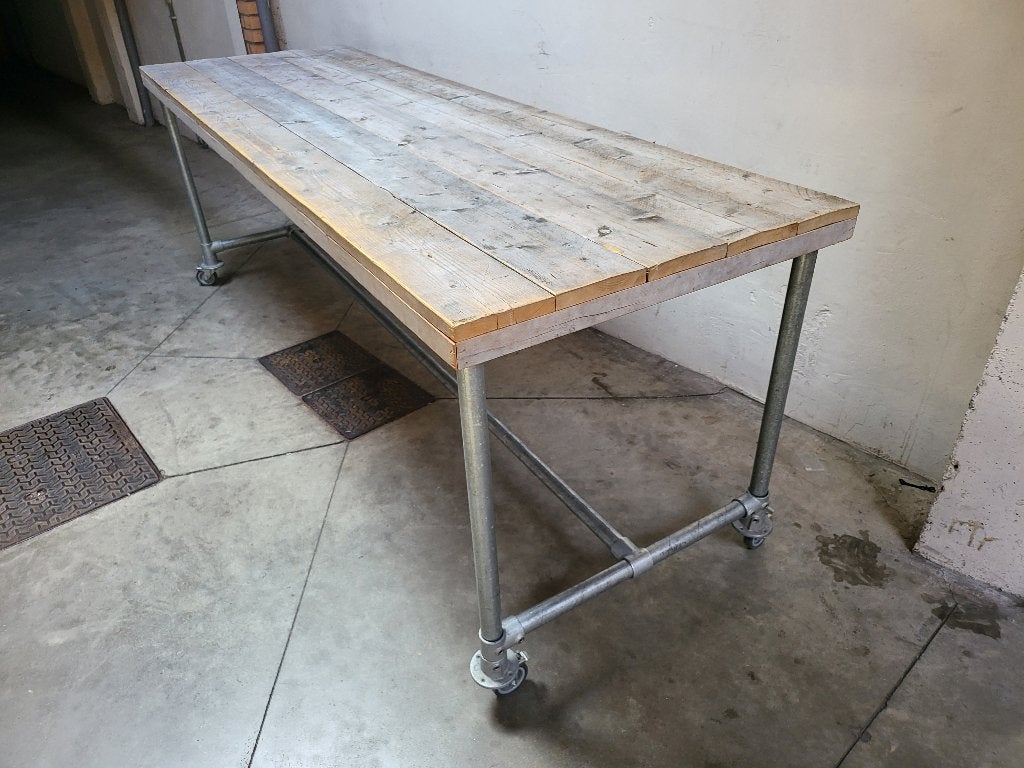 Industriele Bar-Eettafel,Tuin-Ateliertafel 300x97 H105, Teakhout, 200 cm of meer, Zo goed als nieuw, Vijf personen of meer