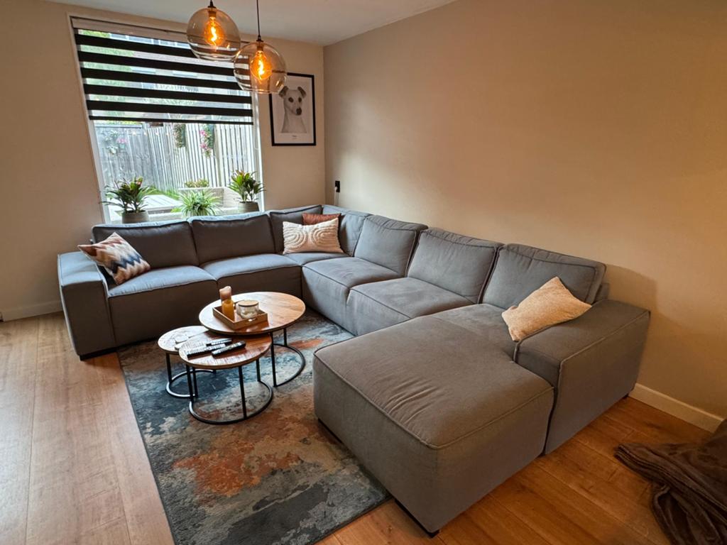 Grote blauw/grijze hoekbank met chaise longue, Ophalen, Hoekbank, 300 cm of meer, Zo goed als nieuw