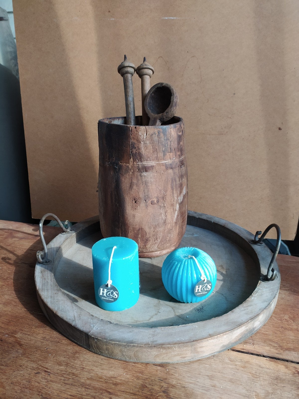 leuk houten dienblad, met Nepalese pot bestek , en kaarsen., Ophalen, Rond, Hout