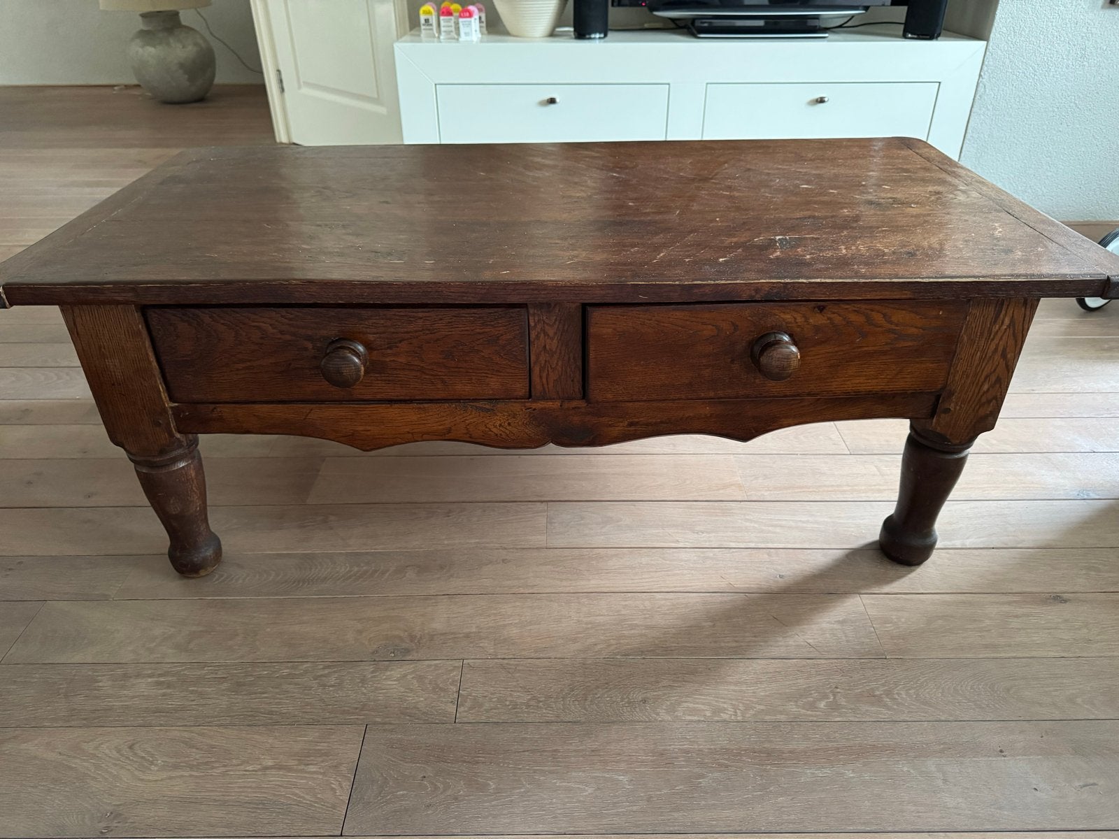Massief Eiken Salontafel met 2 Lades - 128x64x45 cm, Antiek en Kunst, Ophalen