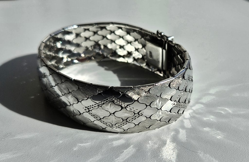 Brede zilveren (835) armband met arabesque schakels, Ophalen of Verzenden, Gebruikt, Zilver, Zilver