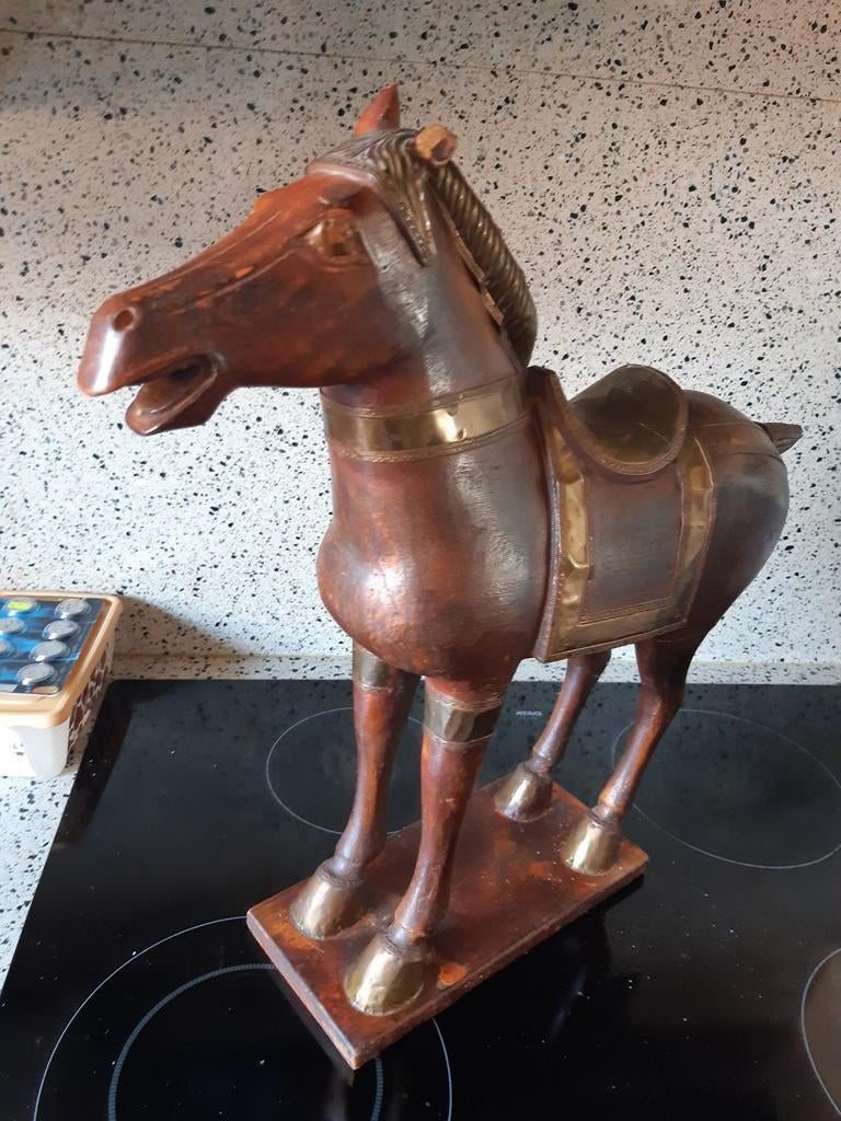 Houten paard met messing uit India, Antiek en Kunst, Ophalen