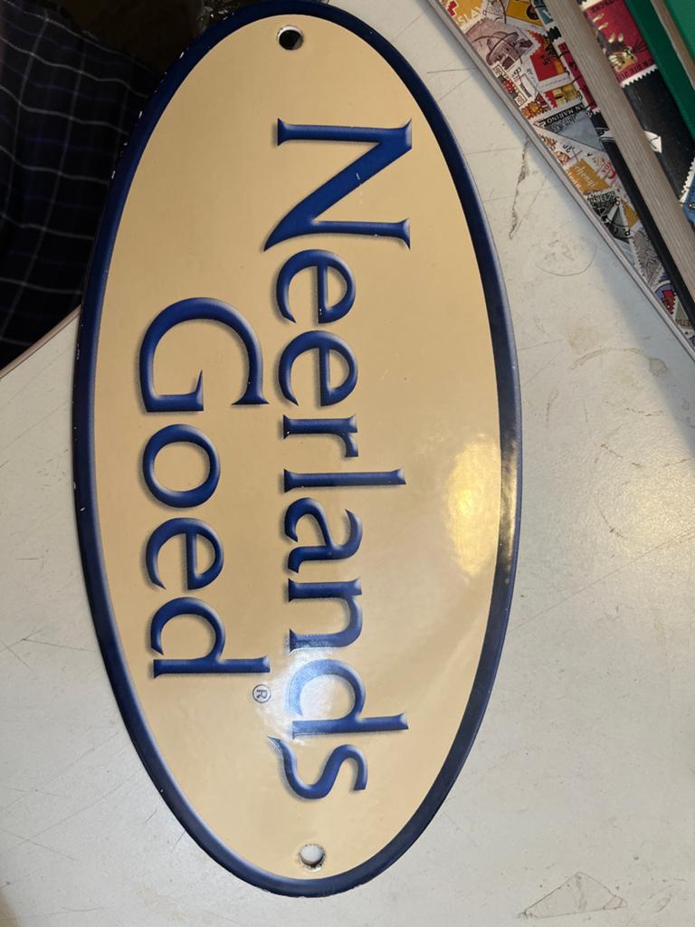 Vintage Langcat Emaille Bord - Neerlands Goed - Ovaal, Ophalen of Verzenden, Zo goed als nieuw, Reclamebord