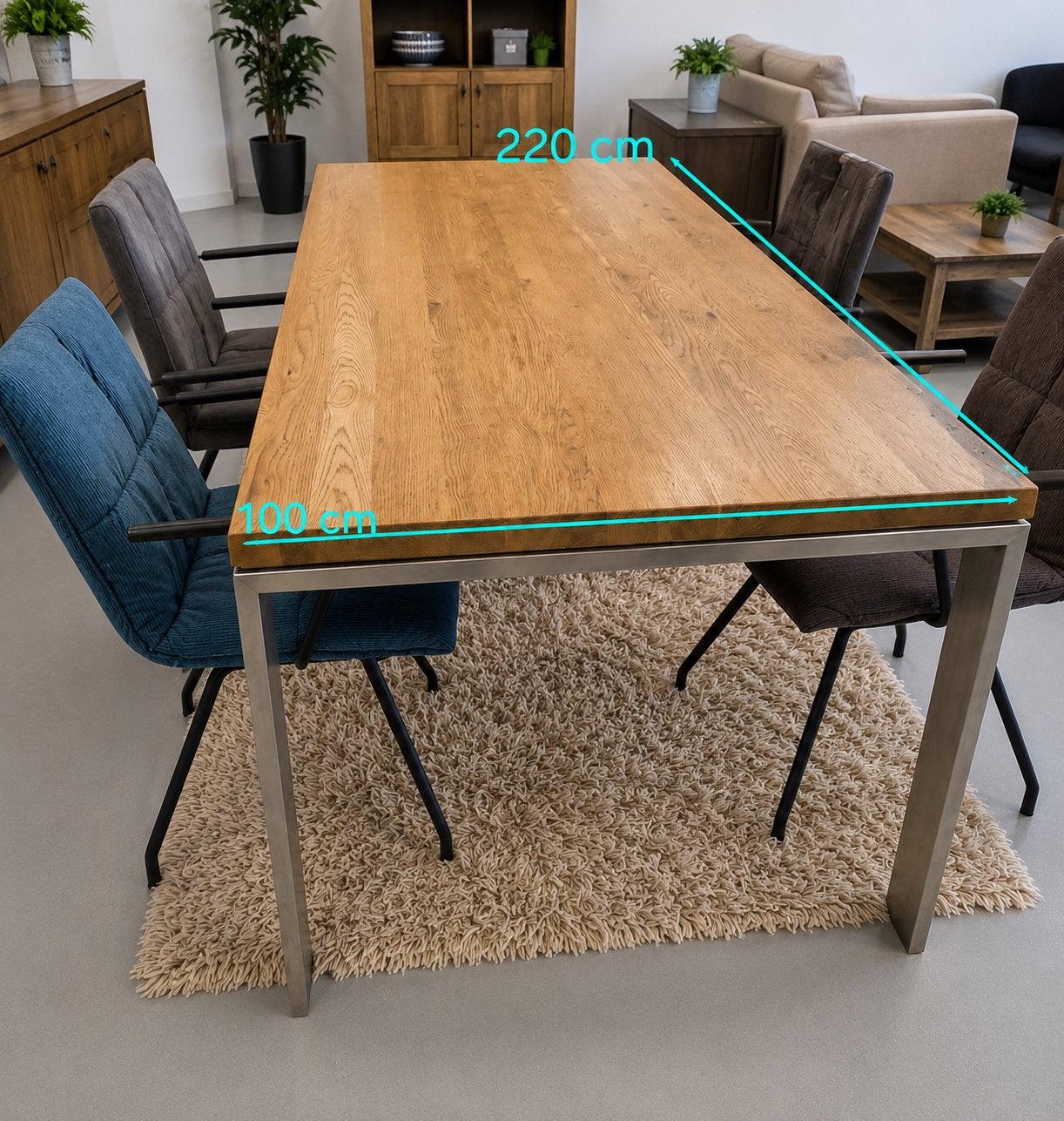 Mooie eettafel RVS onderstel  met eikenblad, Ophalen, 200 cm of meer, 50 tot 100 cm, Zo goed als nieuw