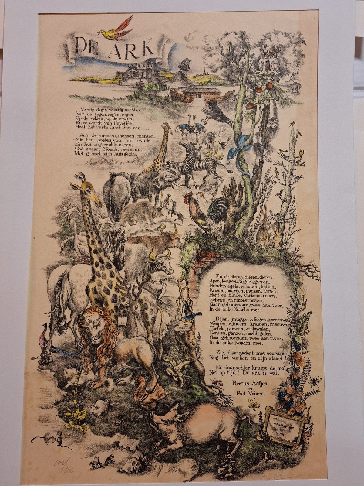 Lithografie 'De Ark' gesigneerd door Bert Aafjes, Antiek en Kunst, Ophalen of Verzenden