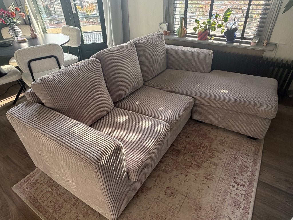 Hoekbank grijs ribstof 3 personen, Ophalen, Gebruikt, 150 tot 200 cm, Hoekbank