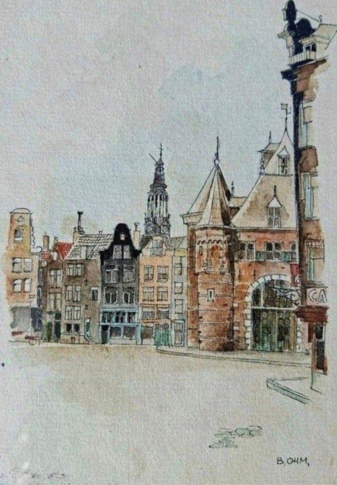 Zeldzame aquarel/pentekening Nieuwmarkt A'dam  (1920-1930), Antiek en Kunst, Ophalen of Verzenden