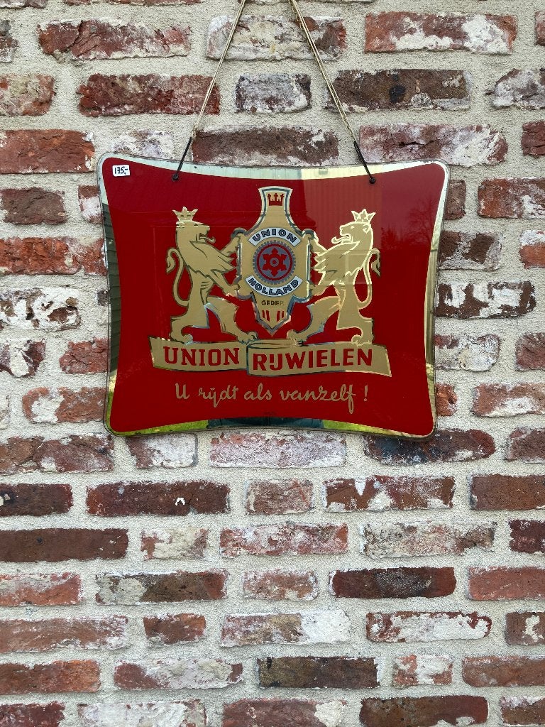Aangeboden :Mooie  Oude  Glas reclame van UNION Rijwielen ., Verzamelen, Ophalen of Verzenden, Zo goed als nieuw, Reclamebord