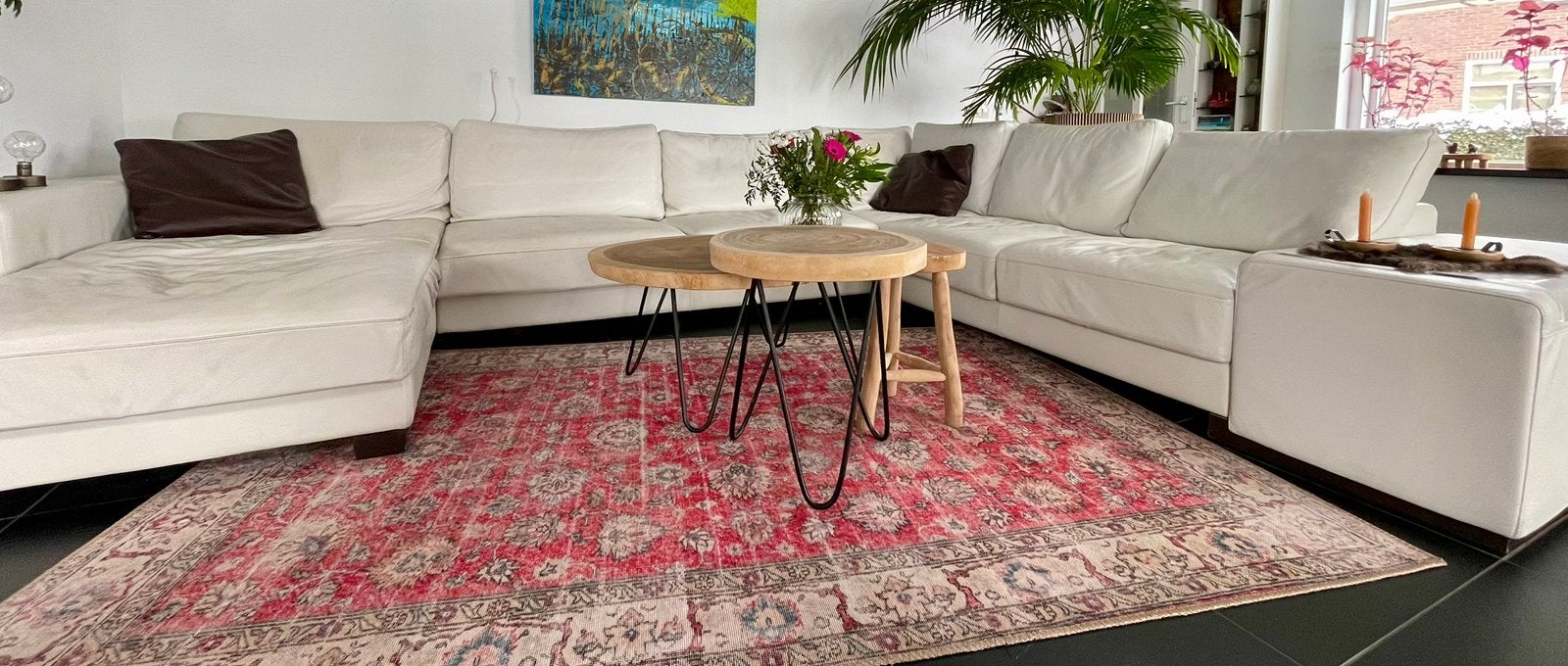 Natuzzi wit leren bankstel met veel zitruimte, Ophalen, Gebruikt, Vierpersoons of meer