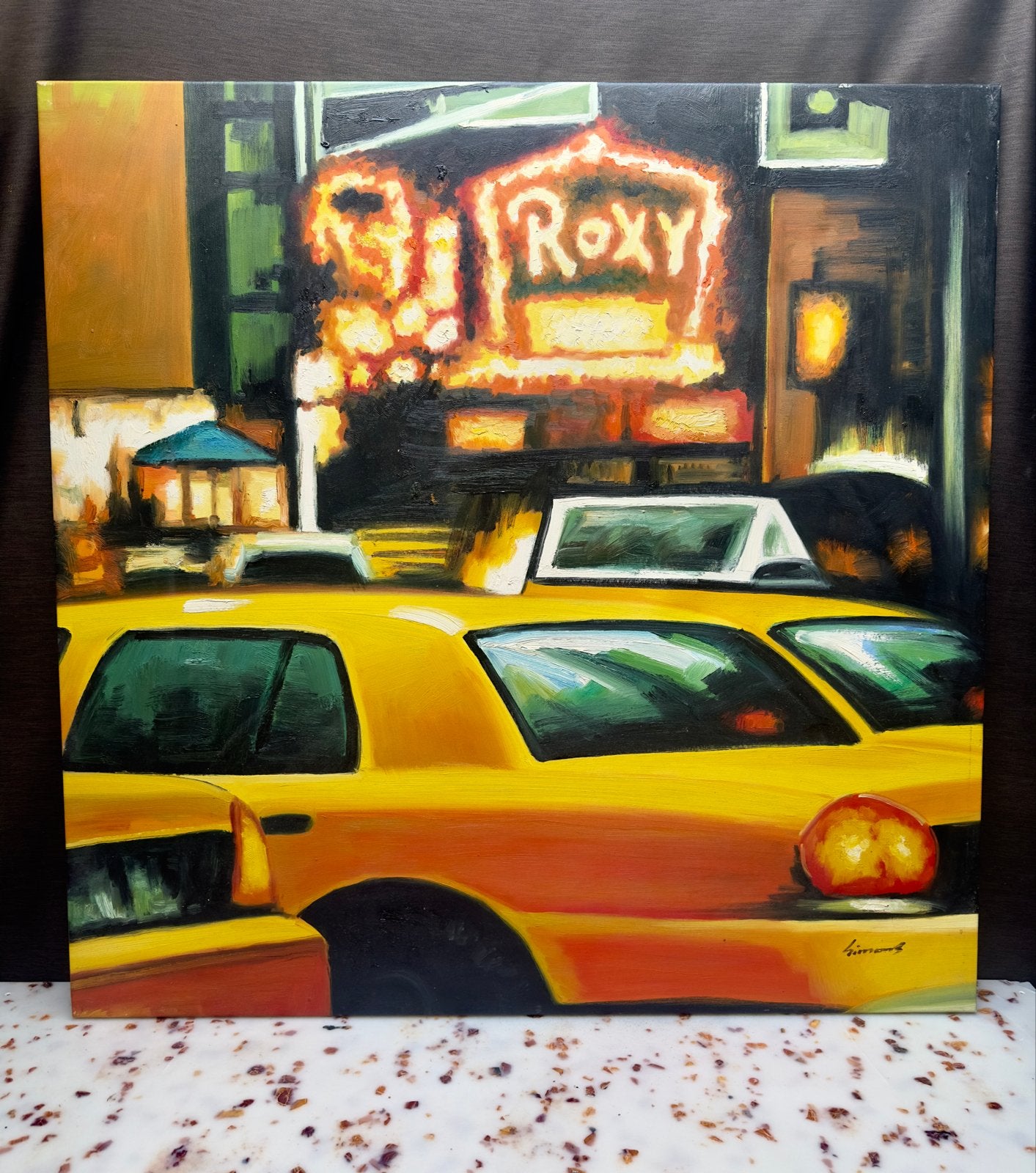 Schilderij "Roxy Night" New York City - 92x92 cm, Met textuur, Ophalen of Verzenden, Olieverf, Stadsgezicht