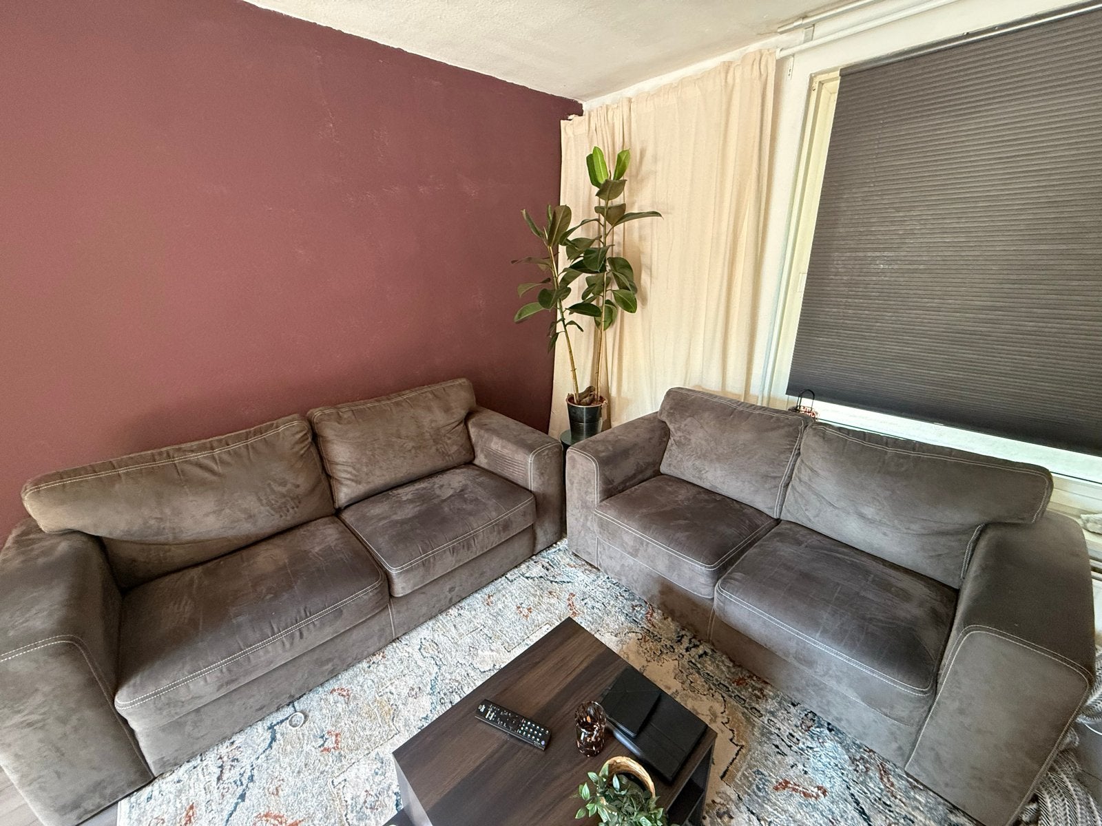 Comfortabele 2- en 3-zitsbanken, bruin stof, Ophalen, Gebruikt, Driepersoons, Rechte bank