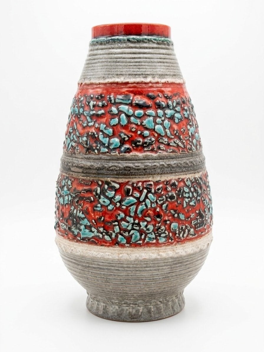 Vintage West Germany Fat Lava Vaas - Rood/Turquoise, Ophalen of Verzenden