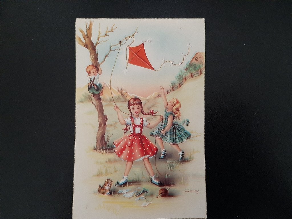 kinderen met vlieger, Sandra Nora Marciano, stempel Veenenda, Verzamelen, Verzenden, 1960 tot 1980, Gelopen, Kinderen